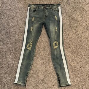 Men's Distressed Gray Skinny Jeans with White Side Stripe